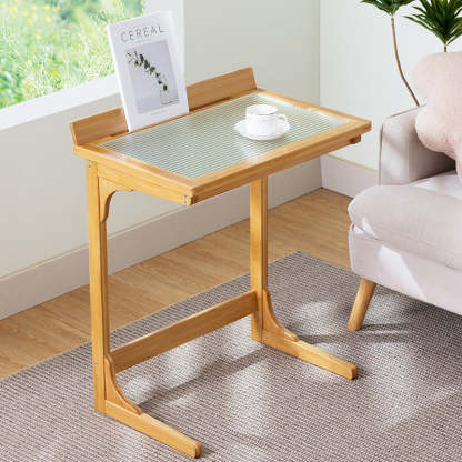 Minimalist Bamboo Glass Top End Table — Walnut Color
