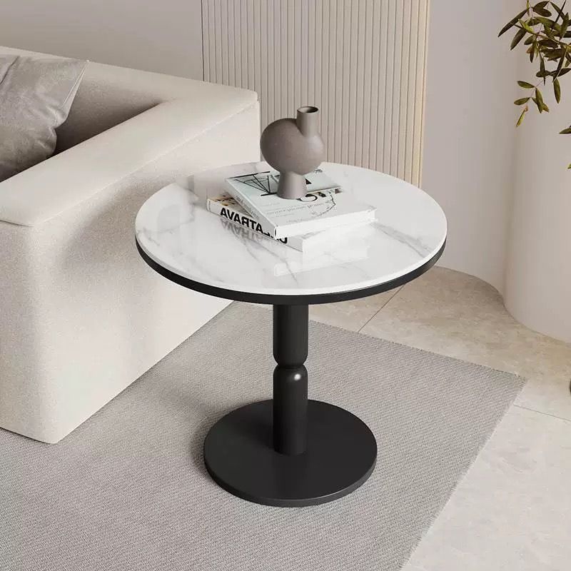 Nordic Cylindrical Rock Slab Carbon Steel Coffee Table — White Base + Snowy White