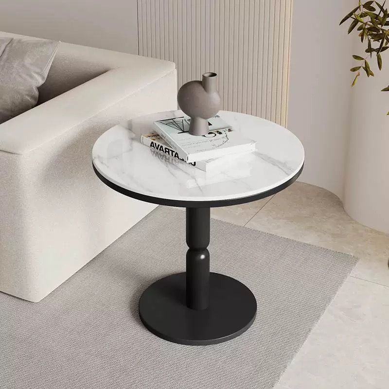 Nordic Cylindrical Rock Slab Carbon Steel Coffee Table — White Base + Snowy White