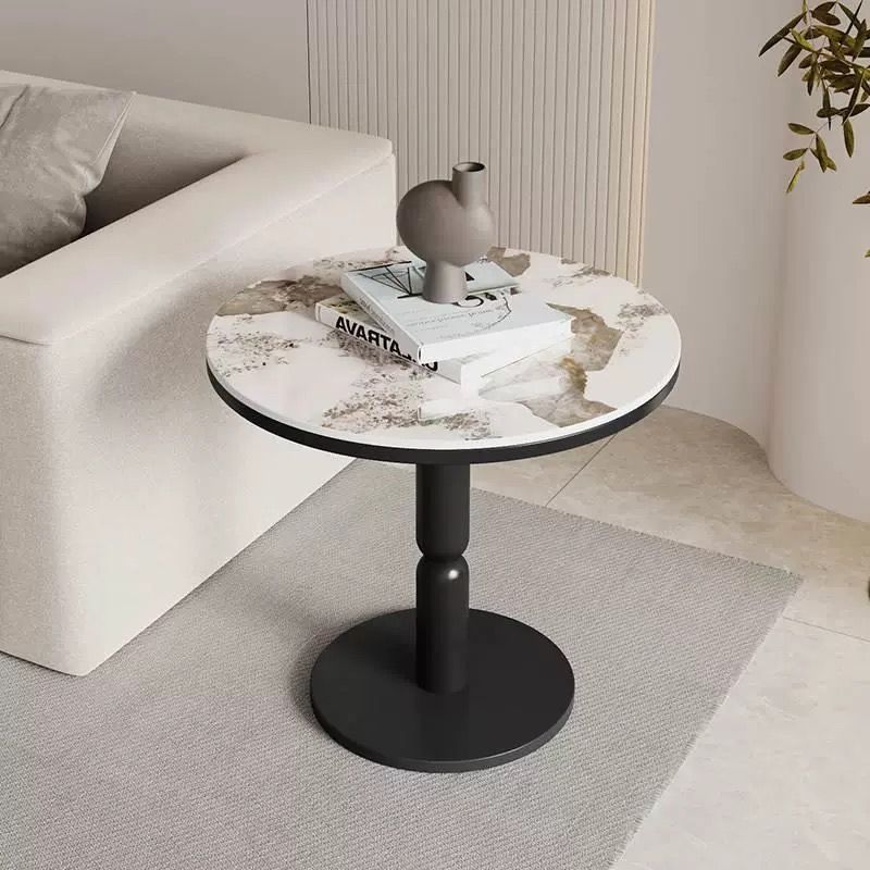Nordic Cylindrical Rock Slab Carbon Steel Coffee Table — Gold Base + Snowy White
