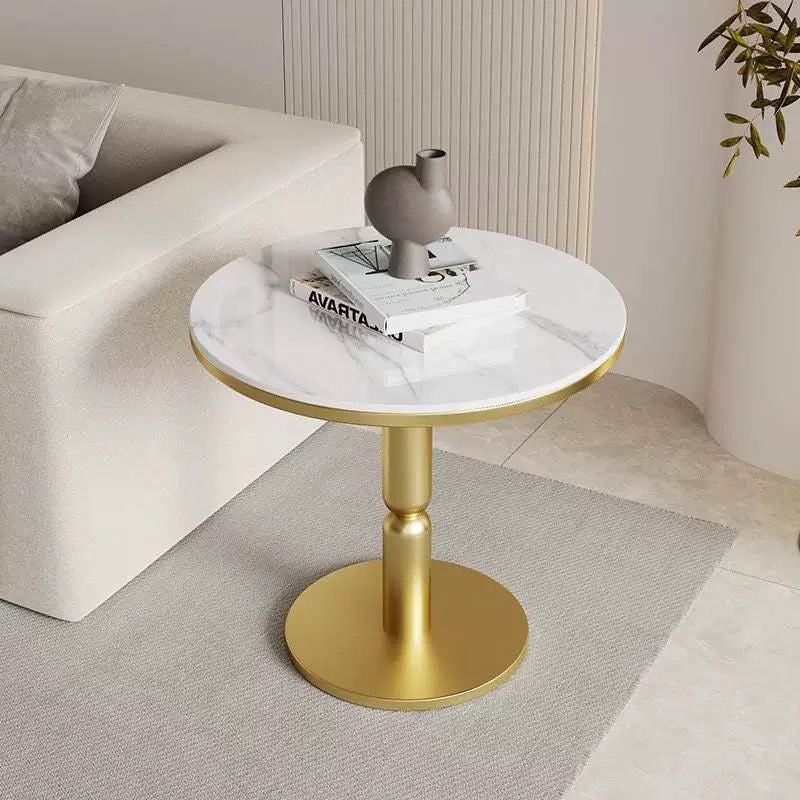 Nordic Cylindrical Rock Slab Carbon Steel Coffee Table — Gold Base + Pandora White