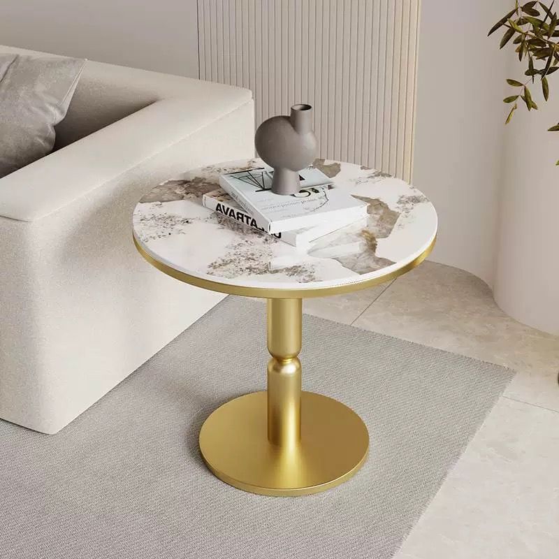 Nordic Cylindrical Rock Slab Carbon Steel Coffee Table — Black Base + Snowy White