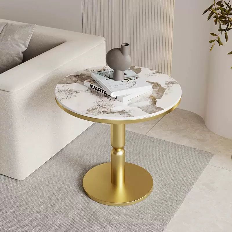 Nordic Cylindrical Rock Slab Carbon Steel Coffee Table — Black Base + Snowy White