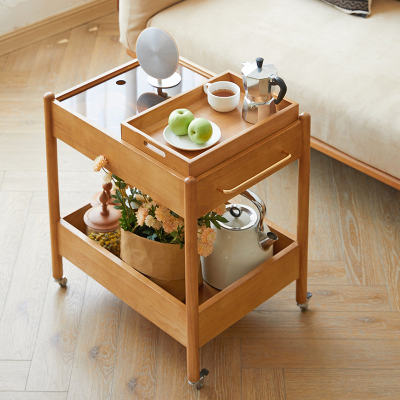 Minimalist Solid Wood Glass 2-Tier 1-Tray Coffee Table