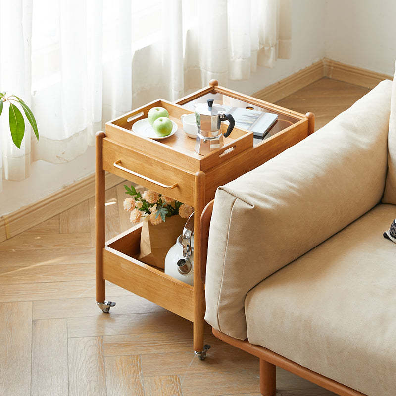 Minimalist Solid Wood Glass 2-Tier 1-Tray Coffee Table