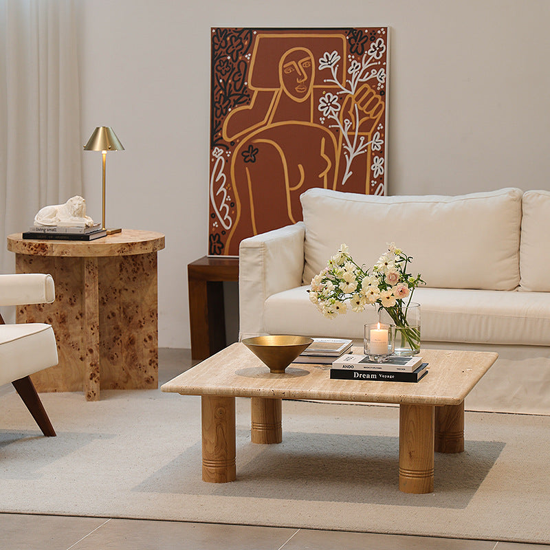 Wood marble wood leather frame top coffee tables - traditional