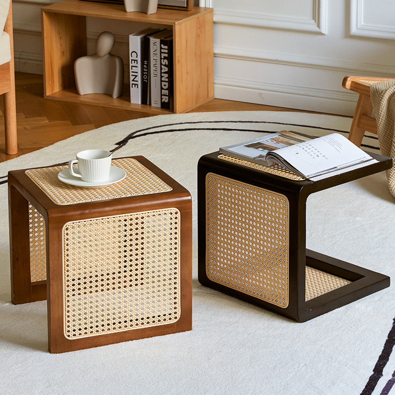 Japanese Rubberwood Rattan End Table — Walnut Color