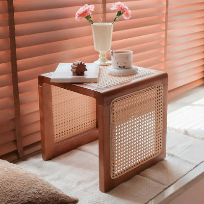Japanese Rubberwood Rattan End Table