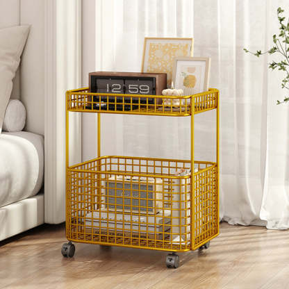 Minimalist Hollow Iron Frame Storage End Table — With Wheel / Gold