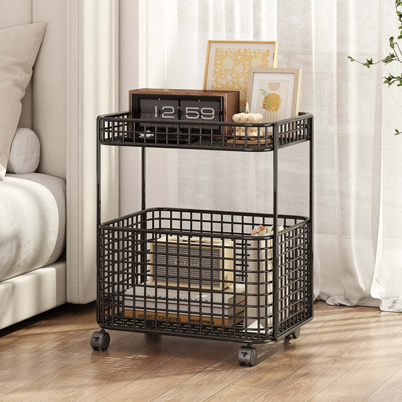 Minimalist Hollow Iron Frame Storage End Table — With Wheel / Black