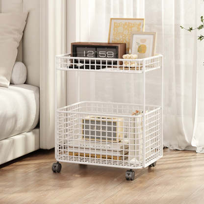 Minimalist Hollow Iron Frame Storage End Table — Without Wheel / White