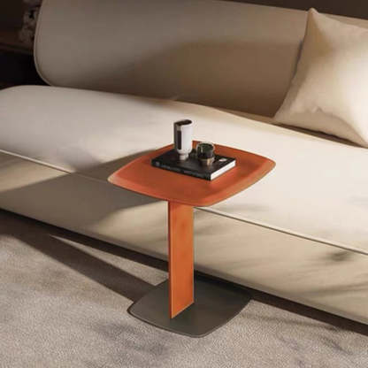 Minimalist Saddle Leather Steel End Table
