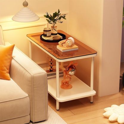 Minimalist Glass Iron Side Table 2-Tier — Black Glass Tabletop + Black Frame