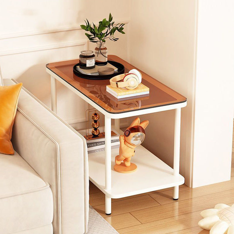 Minimalist Glass Iron Side Table 2-Tier — Black Glass Tabletop + White Frame