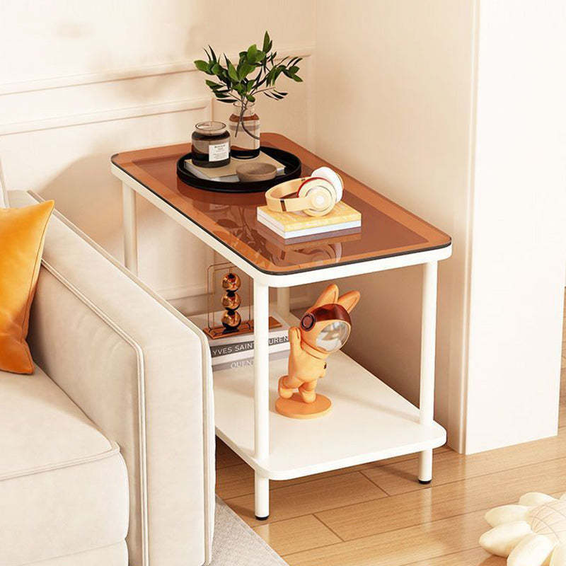 Minimalist Glass Iron Side Table 2-Tier — Black Glass Tabletop + White Frame