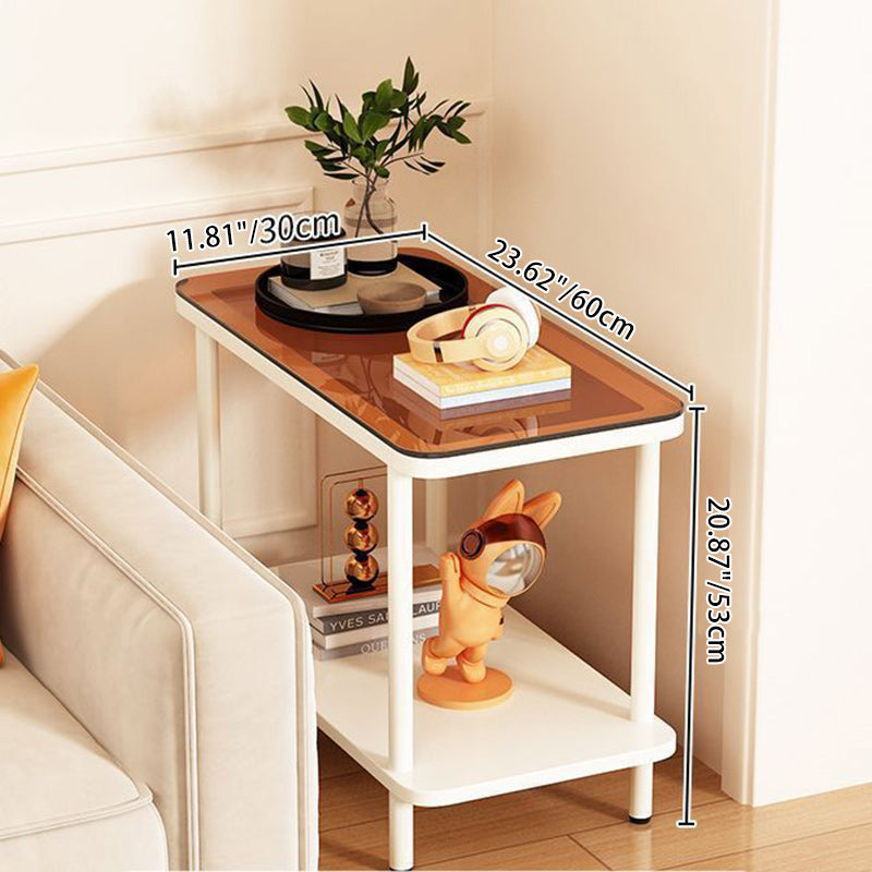 Minimalist Glass Iron Side Table 2-Tier — Teal Glass Tabletop + White Frame