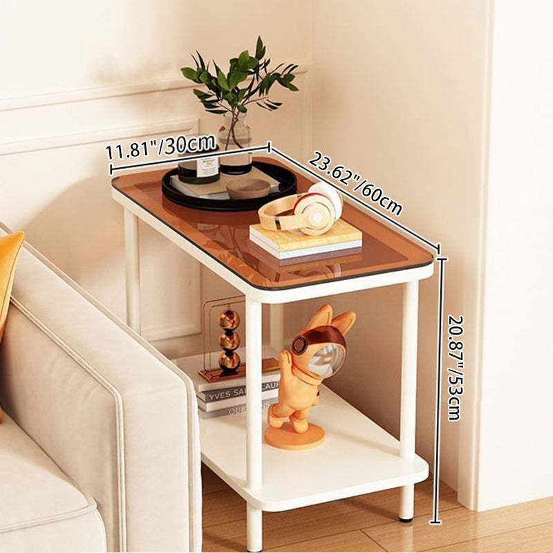 Minimalist Glass Iron Side Table 2-Tier — Teal Glass Tabletop + White Frame