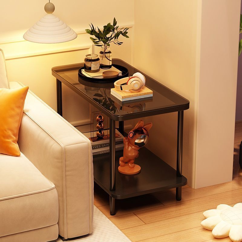 Minimalist Glass Iron Side Table 2-Tier — Teal Glass Tabletop + Black Frame
