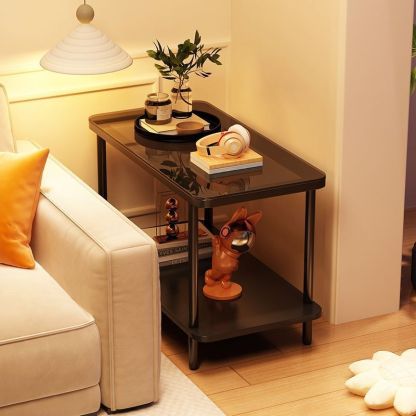 Minimalist Glass Iron Side Table 2-Tier — Teal Glass Tabletop + Black Frame