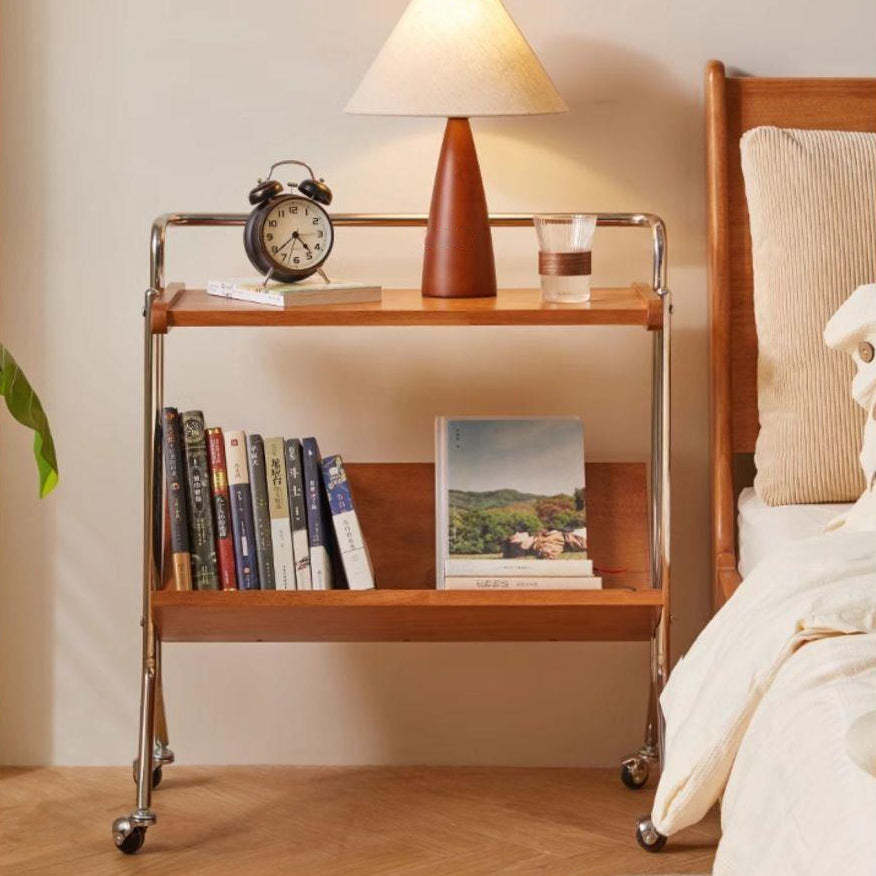 Minimalist Plank Stainless Steel 1-Tier 1-Shelf End Table — Cherry Wood Color