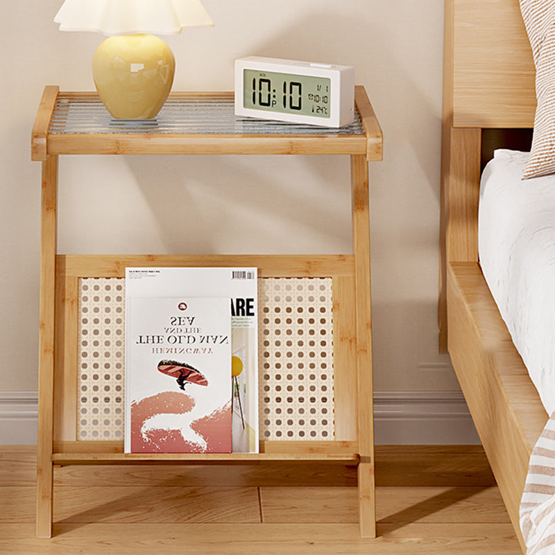 Minimalist L-Shape Rattan Bamboo Glass End Table