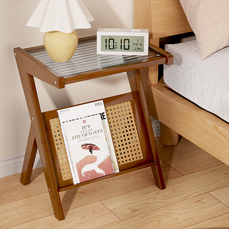 Minimalist L-Shape Rattan Bamboo Glass End Table — Black