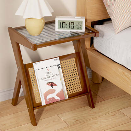 Minimalist L-Shape Rattan Bamboo Glass End Table — Black