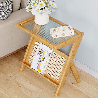 Minimalist L-Shape Rattan Bamboo Glass End Table