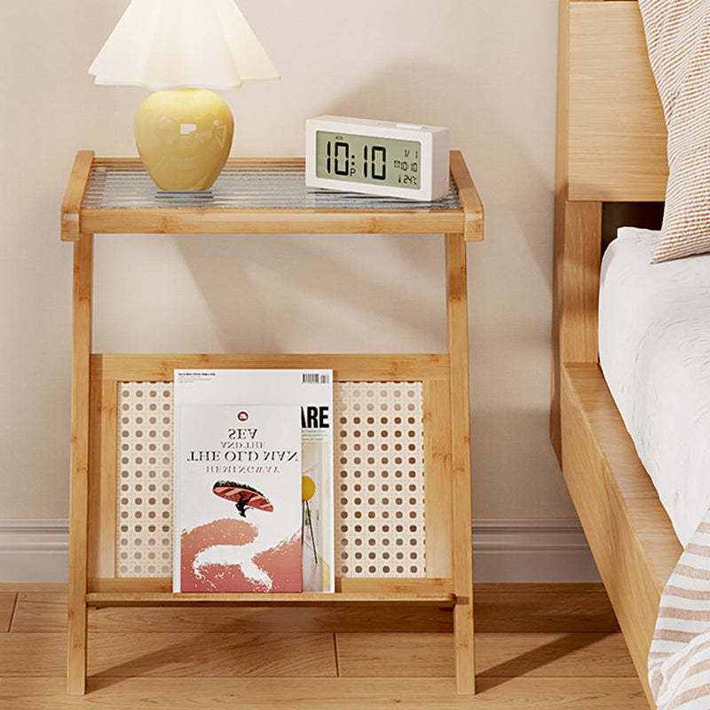 Minimalist L-Shape Rattan Bamboo Glass End Table