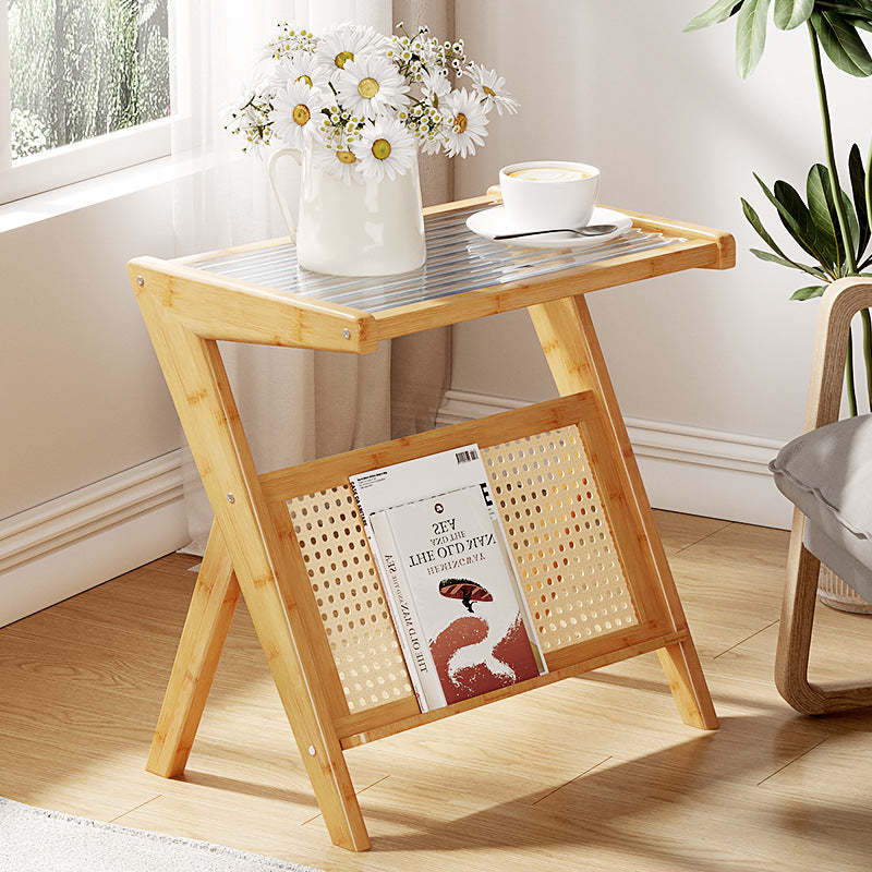 Minimalist L-Shape Rattan Bamboo Glass End Table