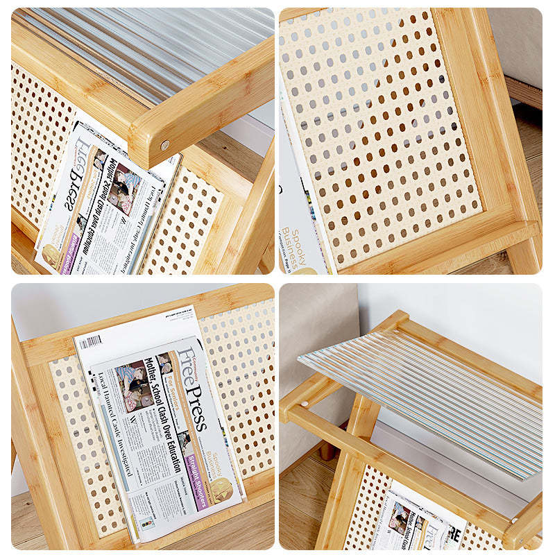Minimalist L-Shape Rattan Bamboo Glass End Table