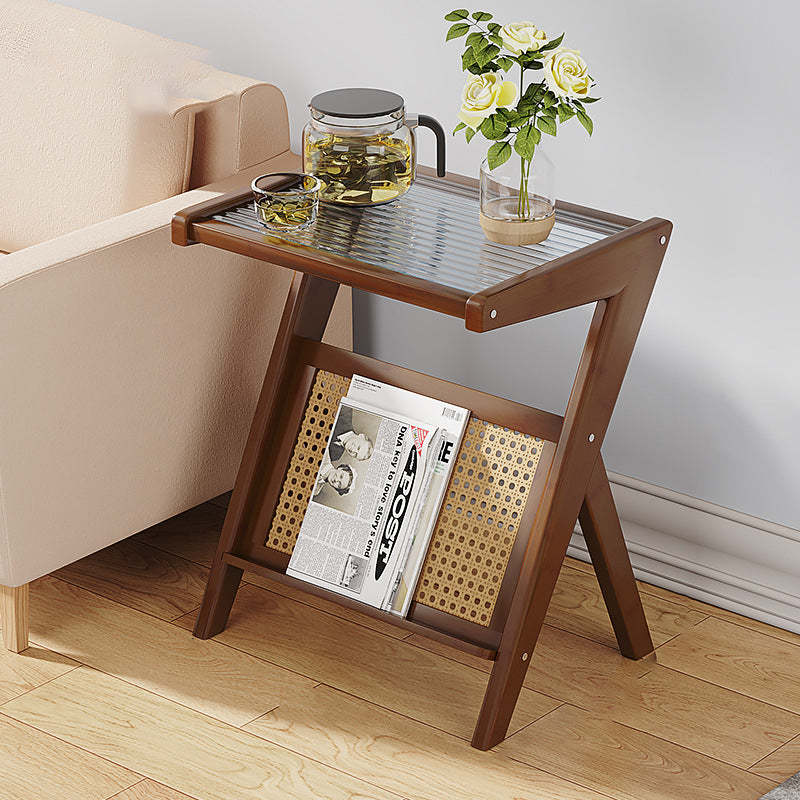 Minimalist L-Shape Rattan Bamboo Glass End Table