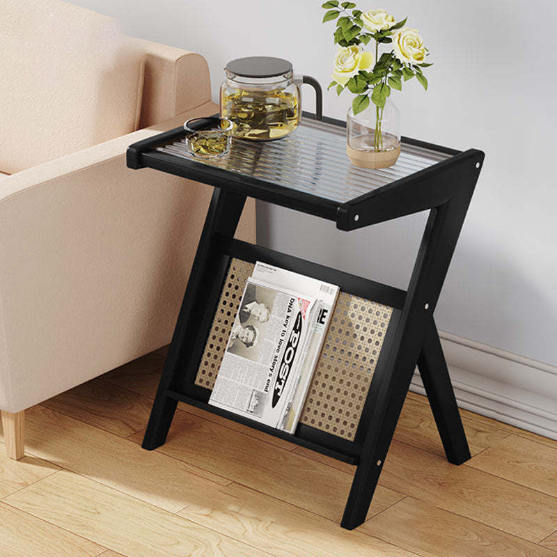 Minimalist L-Shape Rattan Bamboo Glass End Table