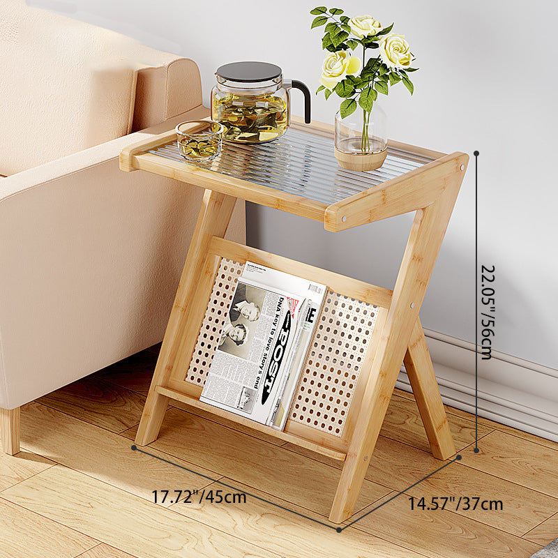 Minimalist L-Shape Rattan Bamboo Glass End Table — Wood Color