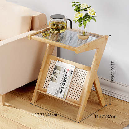Minimalist L-Shape Rattan Bamboo Glass End Table — Wood Color