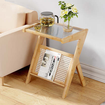 Minimalist L-Shape Rattan Bamboo Glass End Table — Wood Color