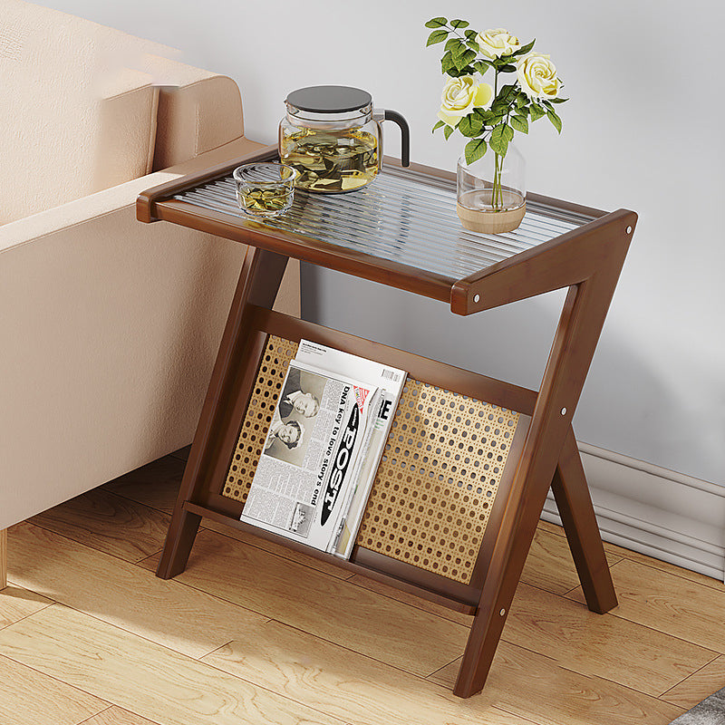 Minimalist L-Shape Rattan Bamboo Glass End Table