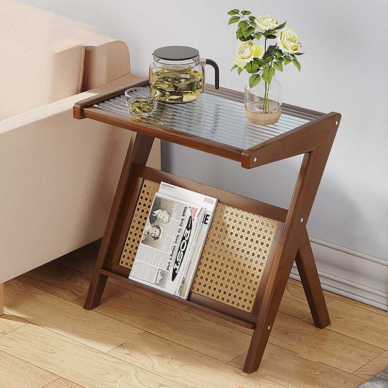 Minimalist L-Shape Rattan Bamboo Glass End Table