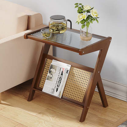 Minimalist L-Shape Rattan Bamboo Glass End Table