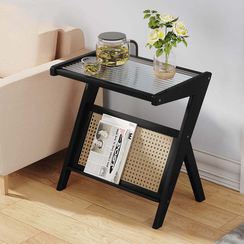 Minimalist L-Shape Rattan Bamboo Glass End Table — Teal