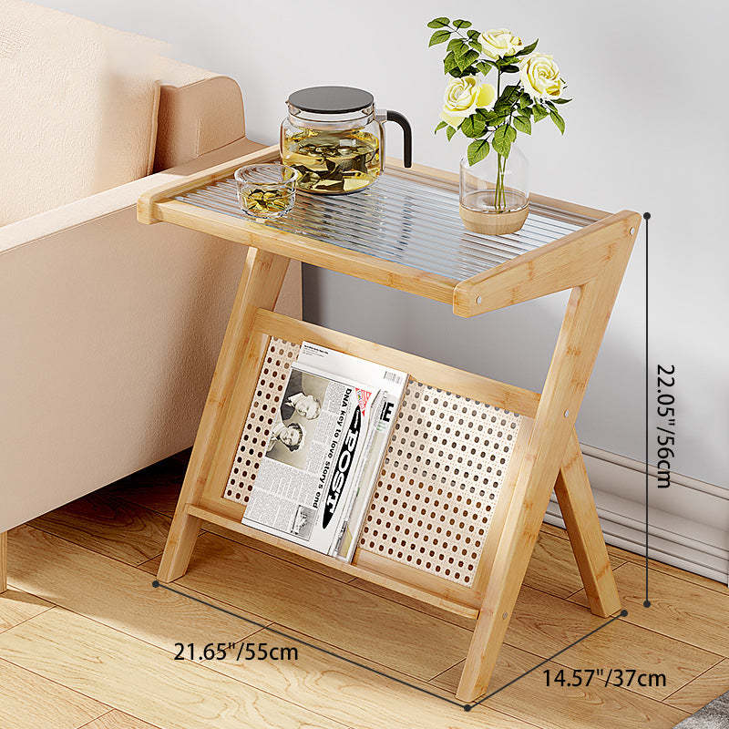 Minimalist L-Shape Rattan Bamboo Glass End Table — Teal