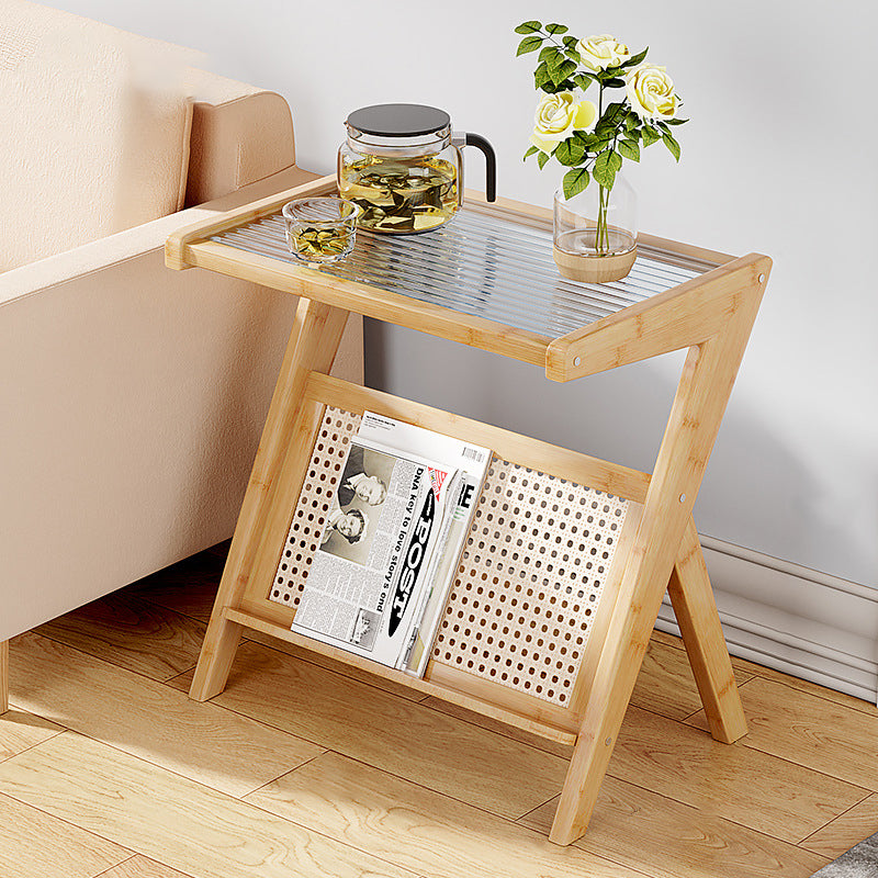 Minimalist L-Shape Rattan Bamboo Glass End Table