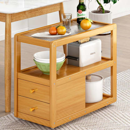 Minimalist Glass Nan Bamboo 3-Tier 2-Drawer End Table
