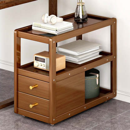 Minimalist Glass Nan Bamboo 3-Tier 2-Drawer End Table — Wood Color Frame - Teal Glass