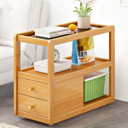 Minimalist Glass Nan Bamboo 3-Tier 2-Drawer End Table