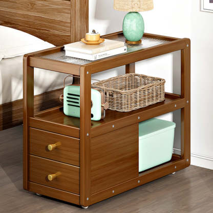 Minimalist Glass Nan Bamboo 3-Tier 2-Drawer End Table