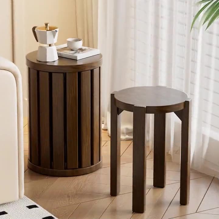 Minimalist Round Rubber Wood Multifunctional Stool End Table — Brown