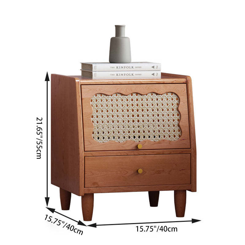 Vintage Trapezoidal Wood Rattan Nightstand — Cherry Wood Color