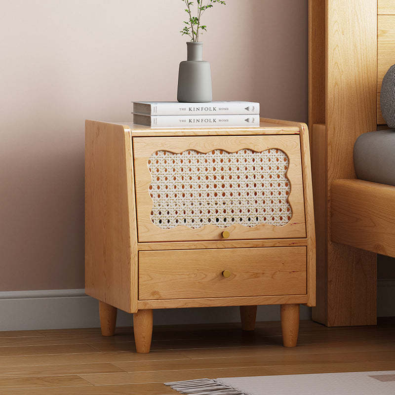 Vintage Trapezoidal Wood Rattan Nightstand