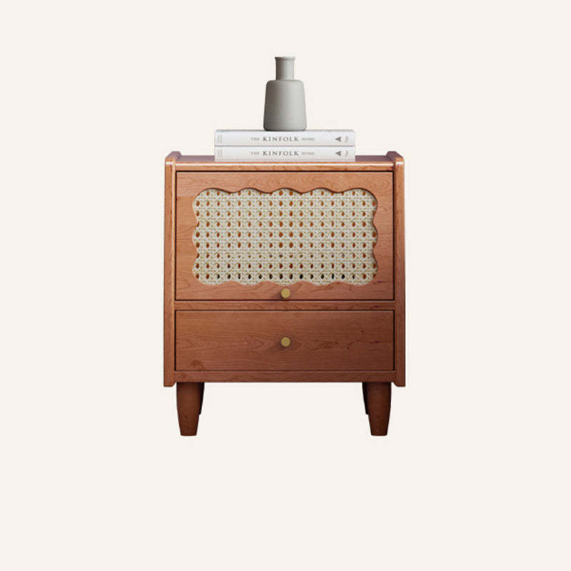 Vintage Trapezoidal Wood Rattan Nightstand
